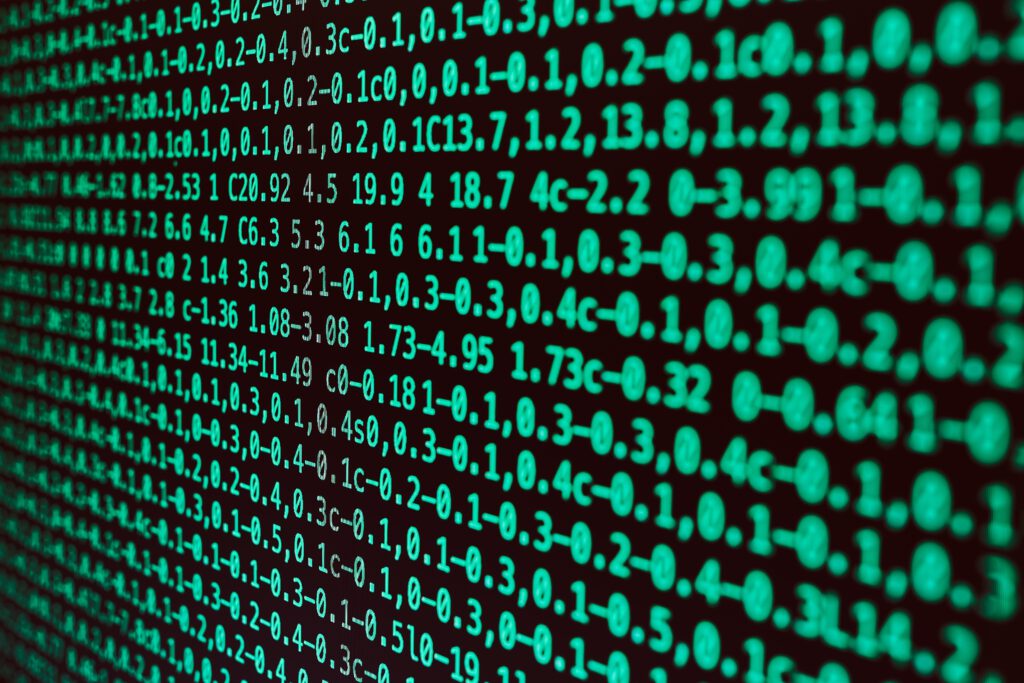 Digital data on computer screen. Green numbers and letters. Digital background. Data security. Cyber